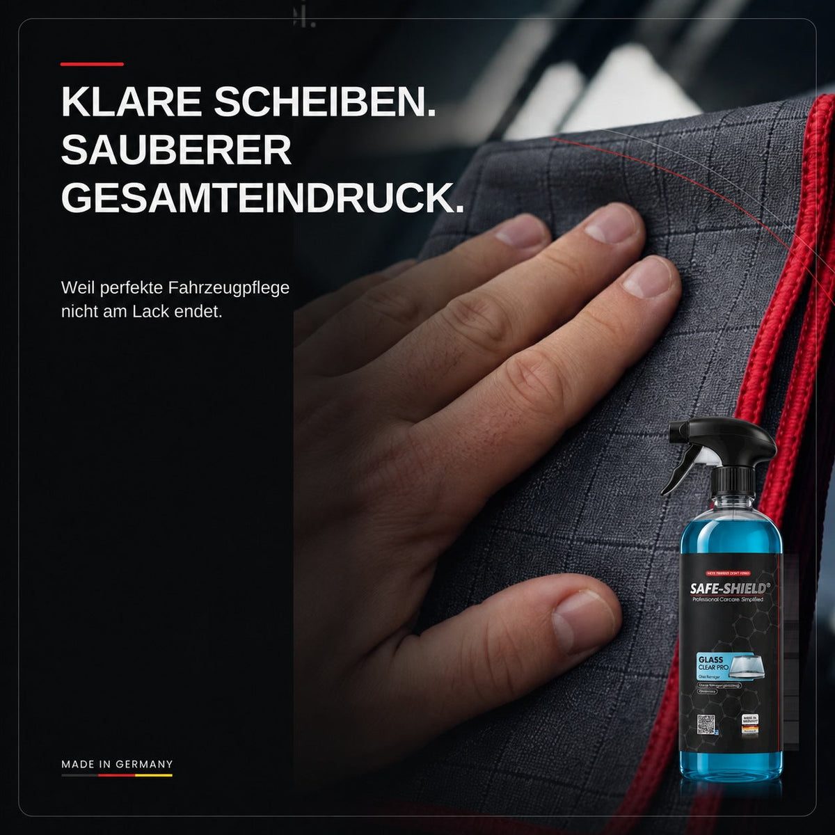 Carbon glass towel in use on a car window, alongside Safe-Shield Glas Reiniger Pro