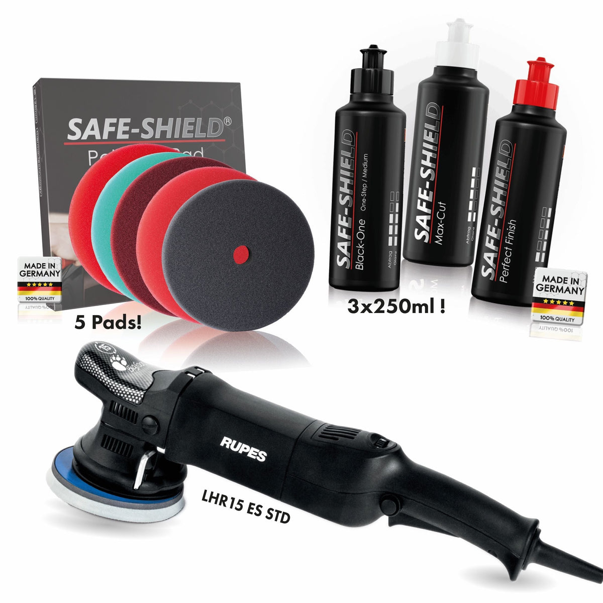 Polishing kit with RUPES LHR15 ES, Safe-Shield polishes and five polishing pads