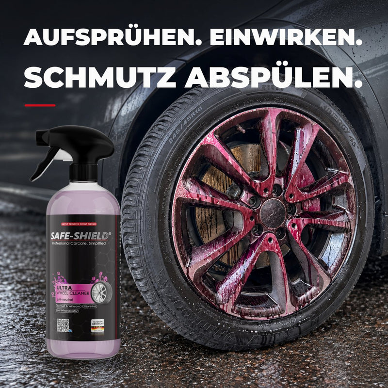 Safe-Shield Wheel Cleaner beside a wheel with a purple reaction indicator