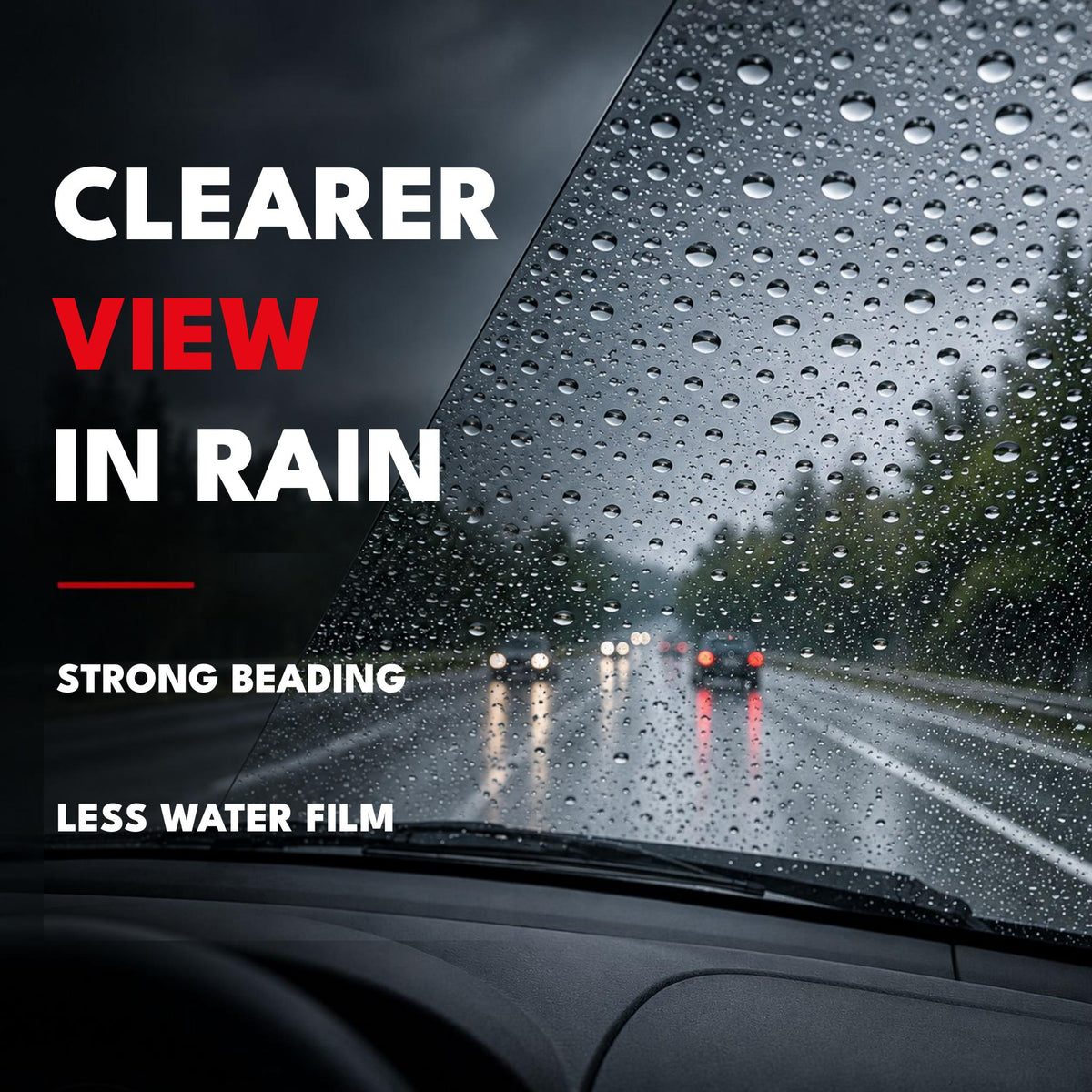 Rain droplets on a car windscreen, illustrating the water-beading effect of Glass Coat PRO.
