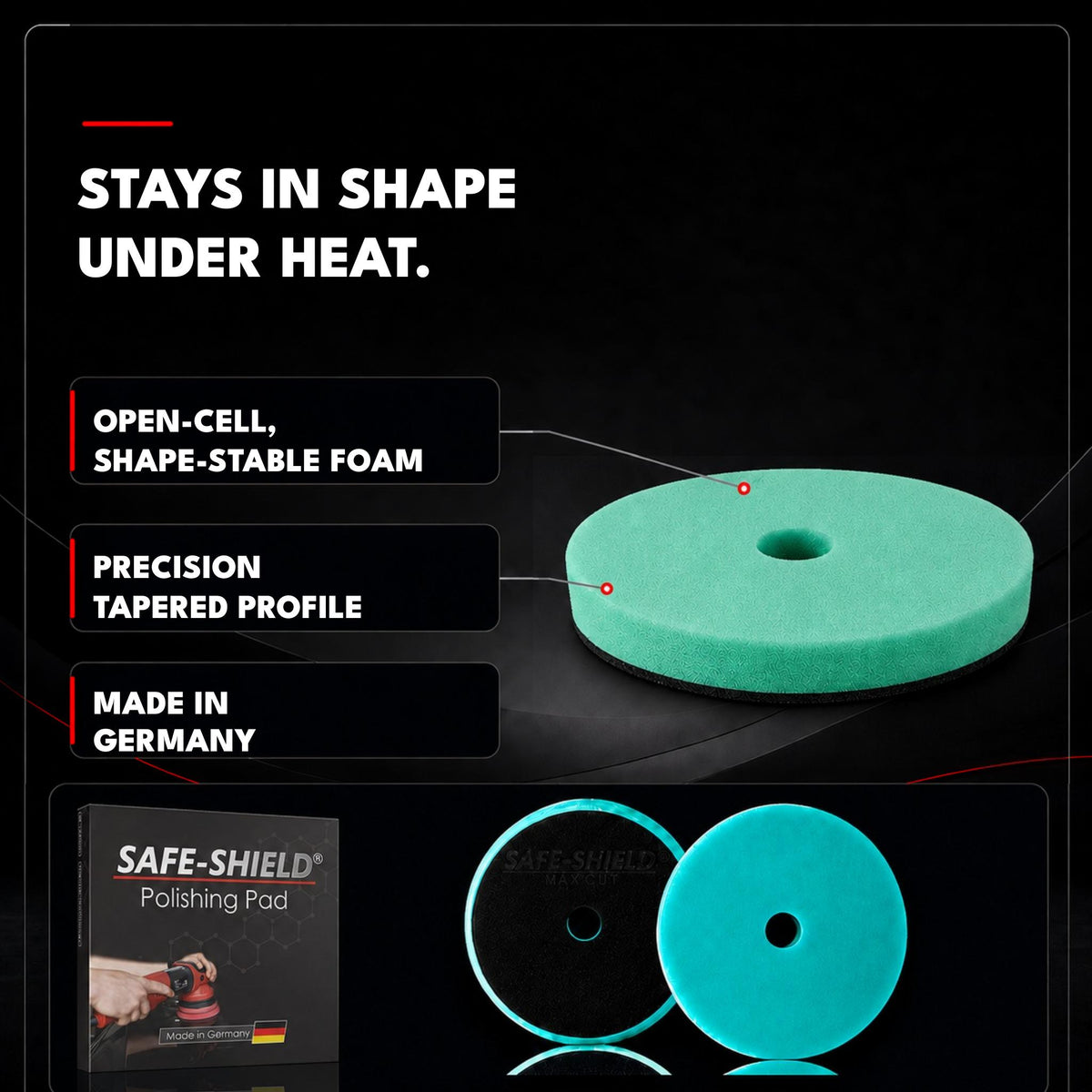 Safe-Shield Max Cut polishing pad with shape-stable open-cell foam, tapered profile and original polishing pad packaging. Made in Germany.