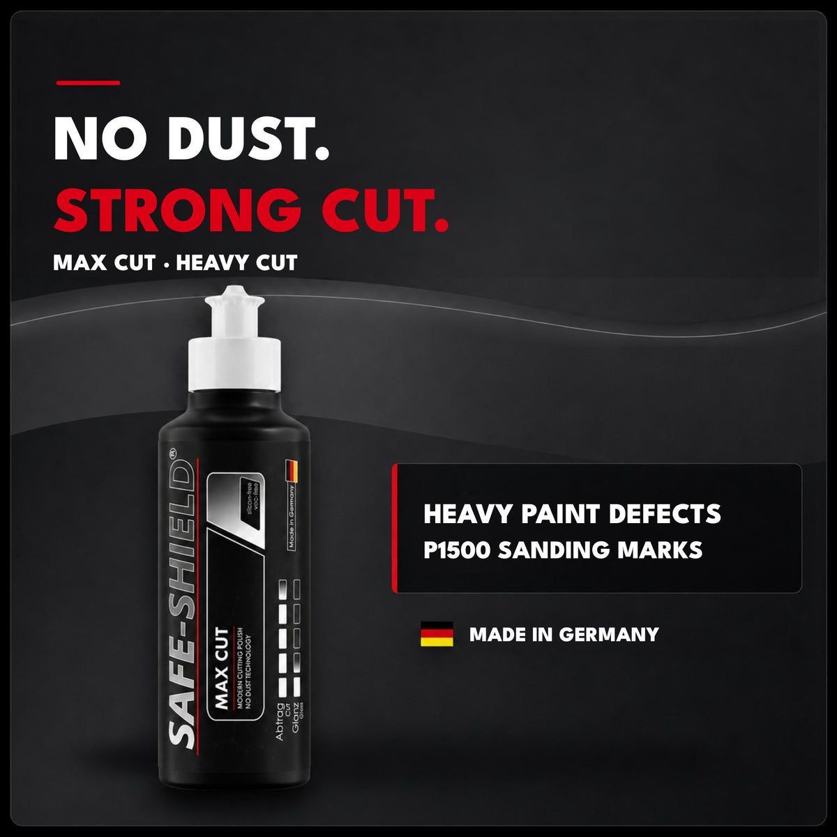 Safe-Shield Max Cut heavy-cut compound for heavy paint defects and P1500 sanding marks.
