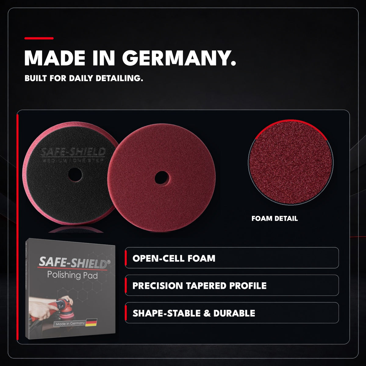 Safe-Shield Medium One-Step pad, open-cell foam detail and polishing pad carton; made in Germany.