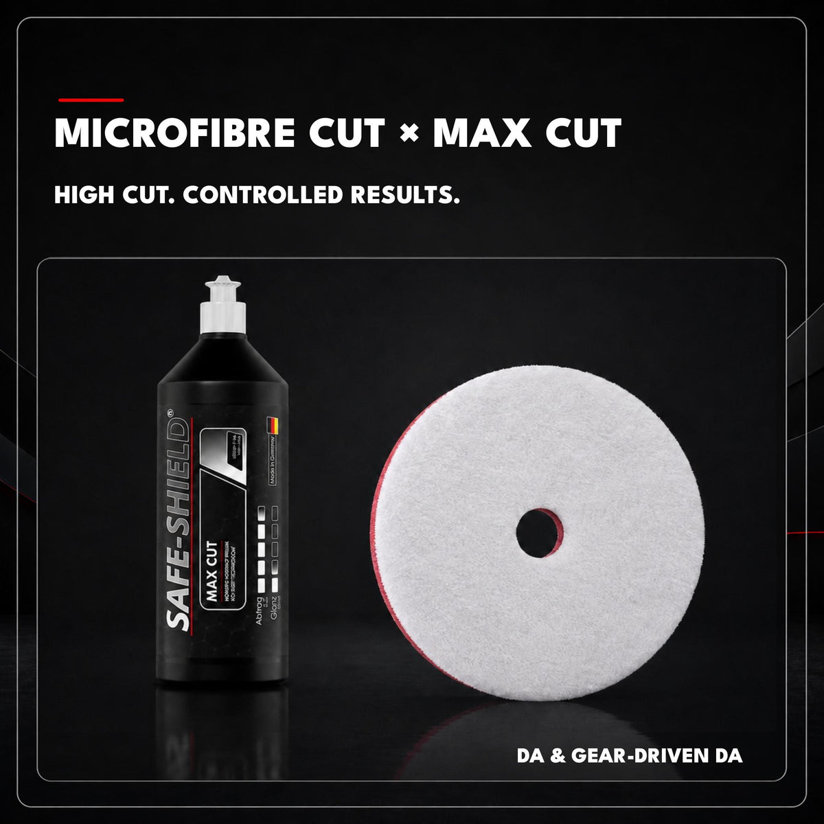 Safe-Shield Microfibre Cutting Pad with Max Cut compound for DA and gear-driven DA polishers.