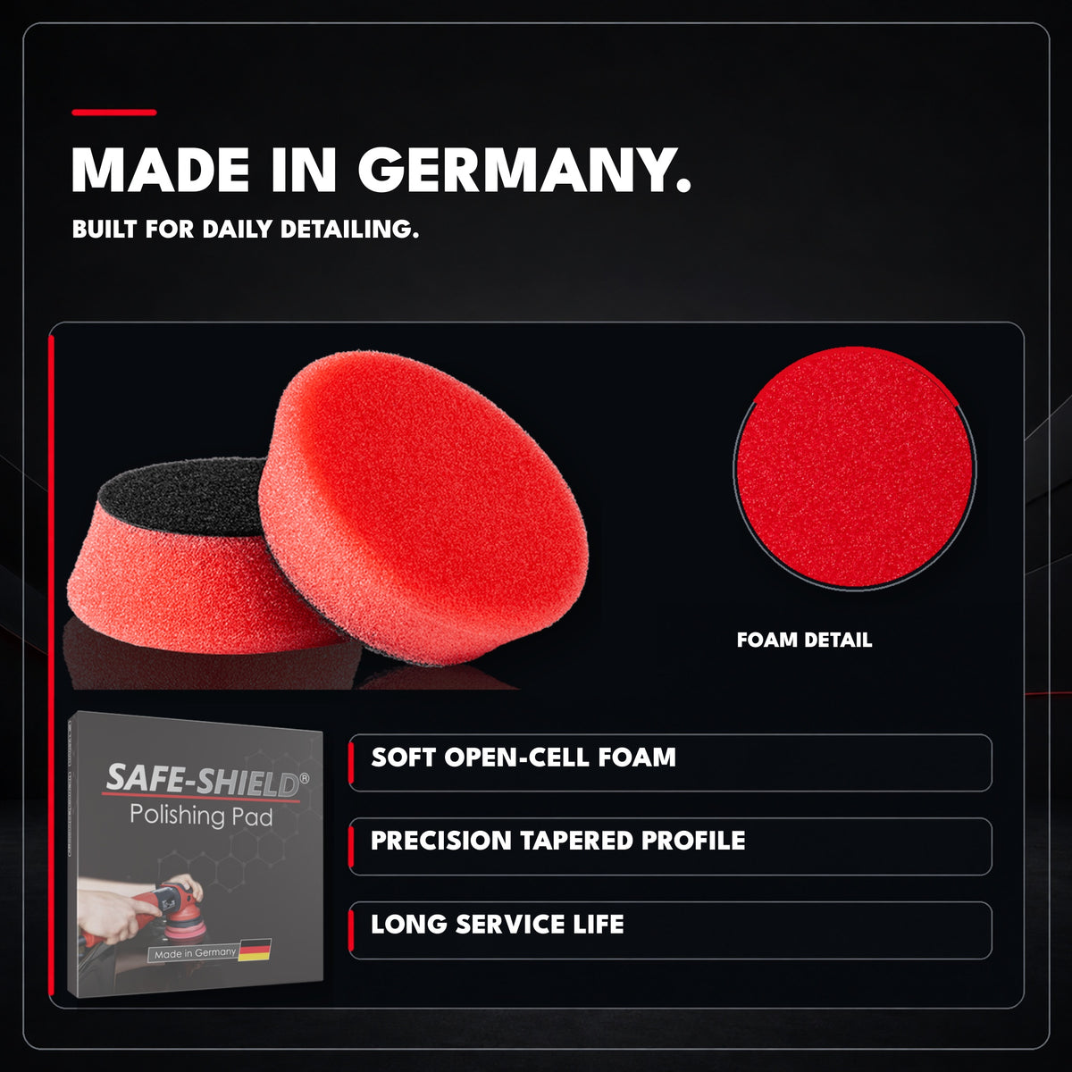 Safe-Shield Perfect Finish pad, soft open-cell foam detail and polishing pad carton; made in Germany.