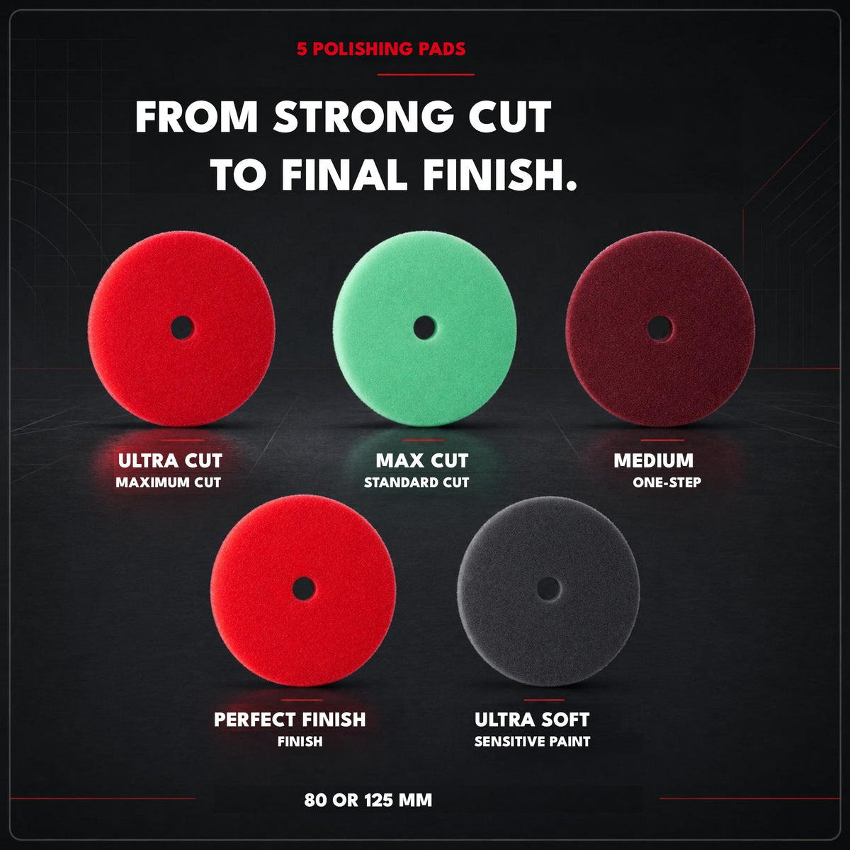Five polishing pads: Ultra Cut, Max Cut, Medium, Perfect Finish and Ultra Soft, available in 80 or 125 mm.