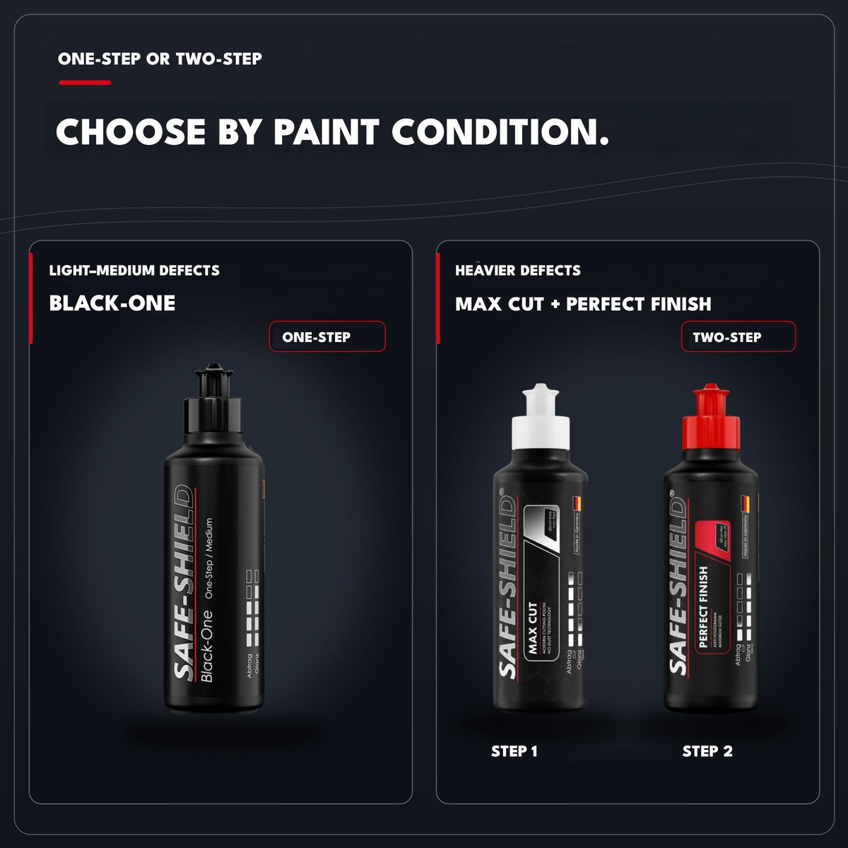 Black-One for one-step correction of light to medium paint defects, or Max Cut followed by Perfect Finish for heavier defects.