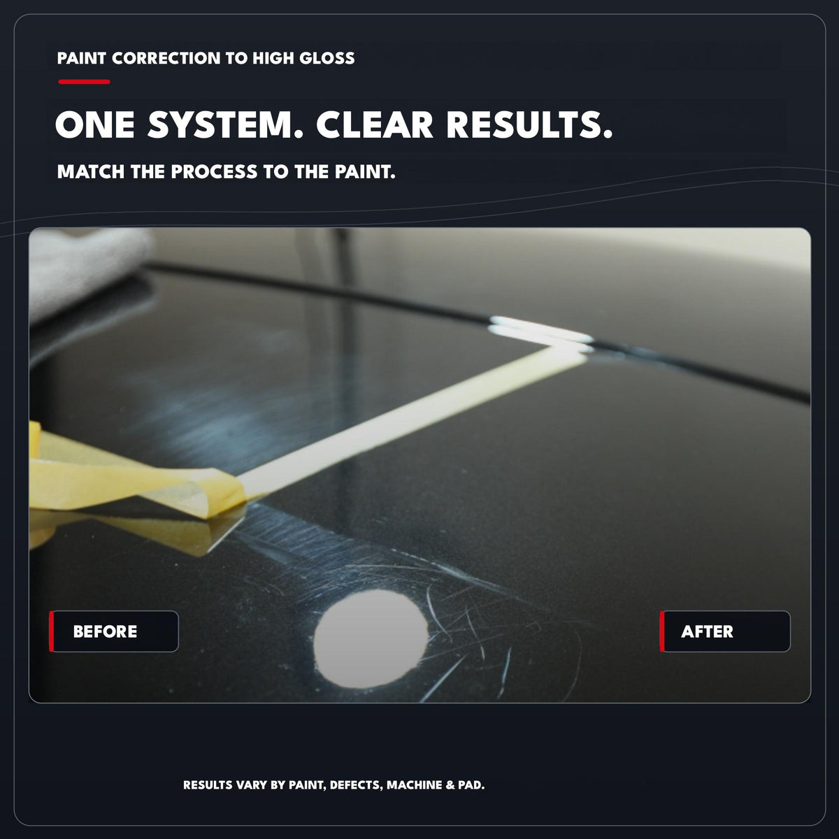 Example of paint correction with the Safe-Shield polishing system, showing scratched and polished areas separated by masking tape.