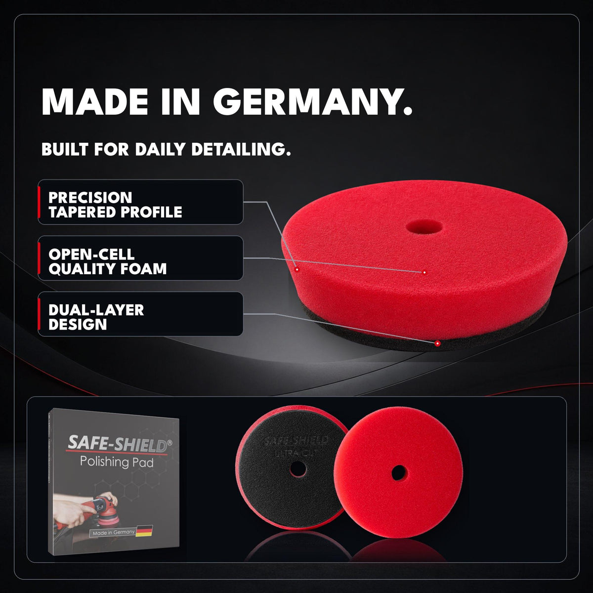 Ultra Cut Dual-Polierpad mit offenporigem Schaum, Trapezprofil und zweischichtigem Aufbau; Made in Germany.