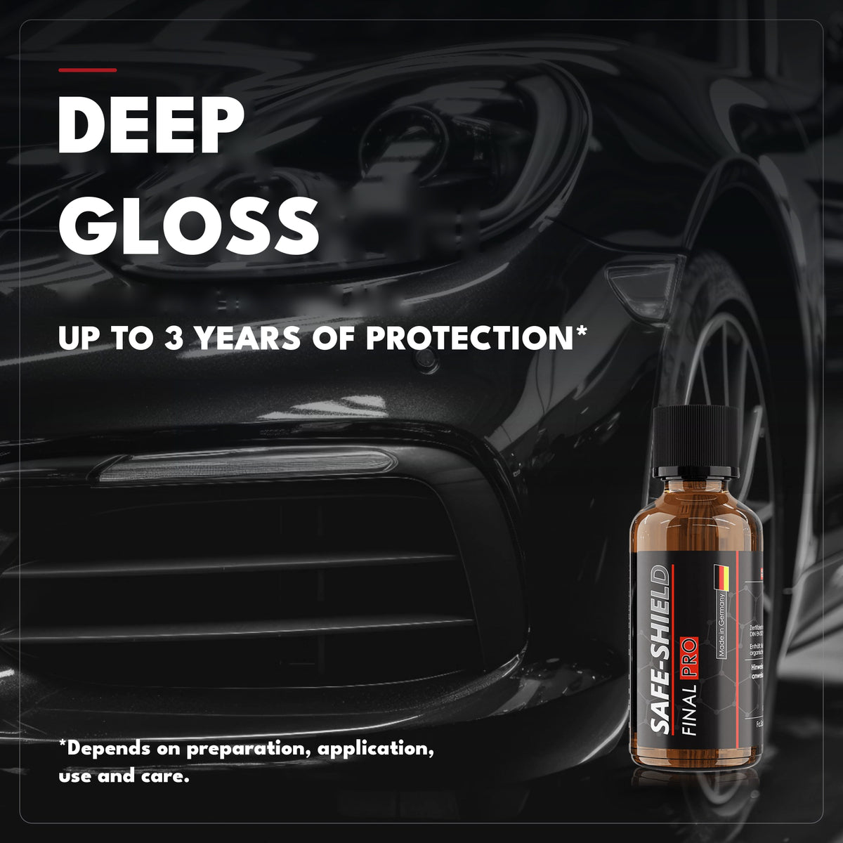Deep gloss on black car paint protected with Final PRO ceramic coating, with protection for up to 3 years depending on preparation, application, use and care.