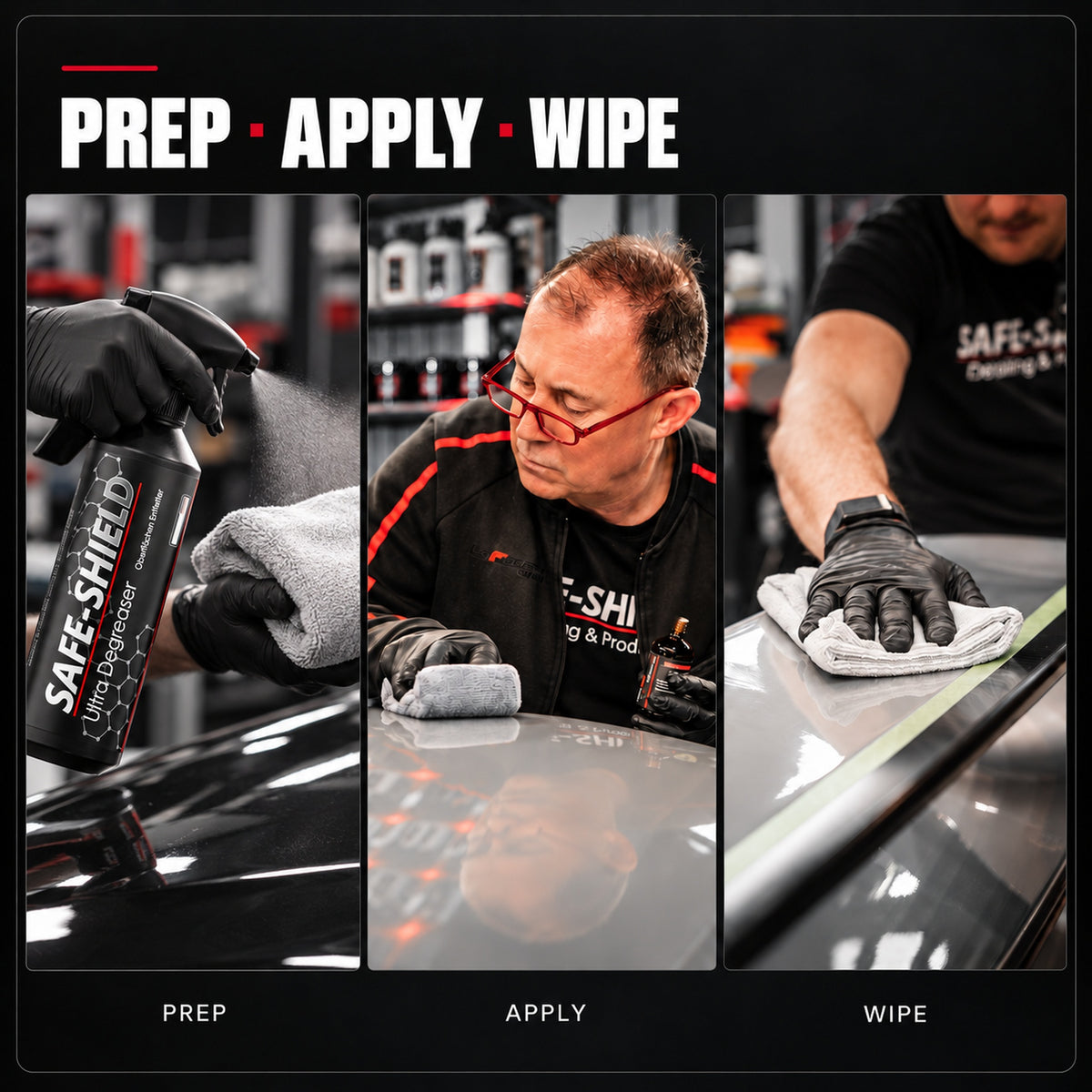 Final PRO ceramic coating kit application: Ultra Degreaser sprayed onto a microfiber towel, coating applied with an applicator, then wiped off with a microfiber towel.