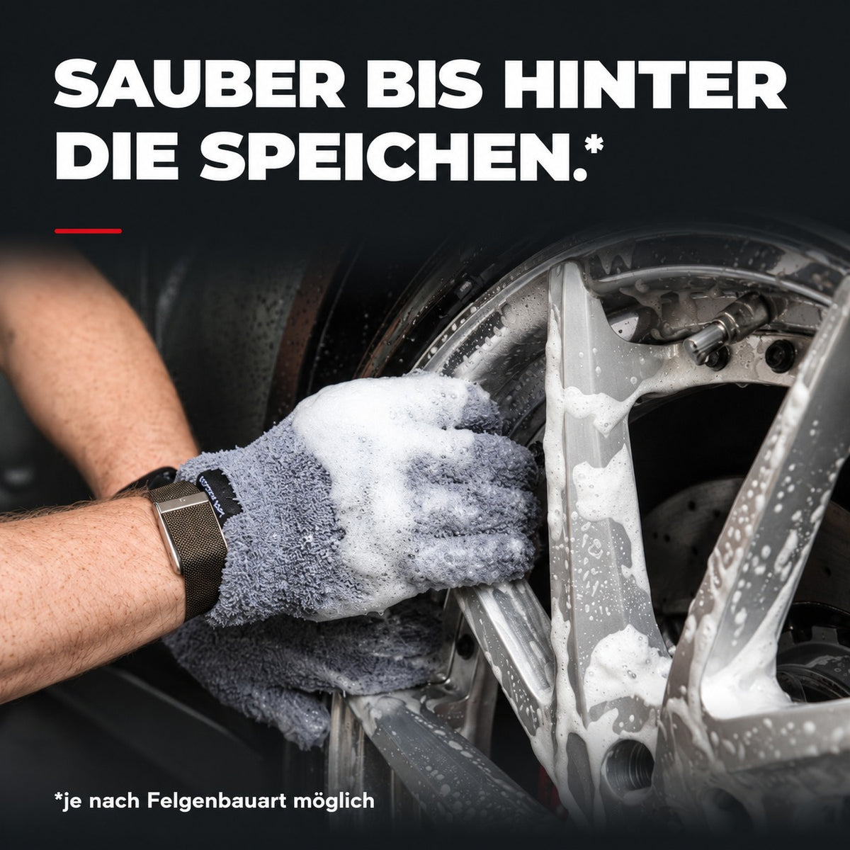 Safe-Shield FingerFit-Mikrofaserhandschuhe reinigen um und hinter den Felgenspeichen – je nach Felgenbauart möglich.