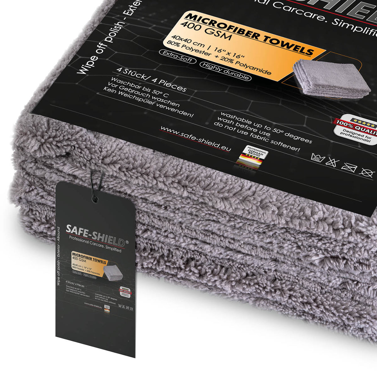 Safe-Shield 400 GSM microfibre polishing cloths with packaging and product information.