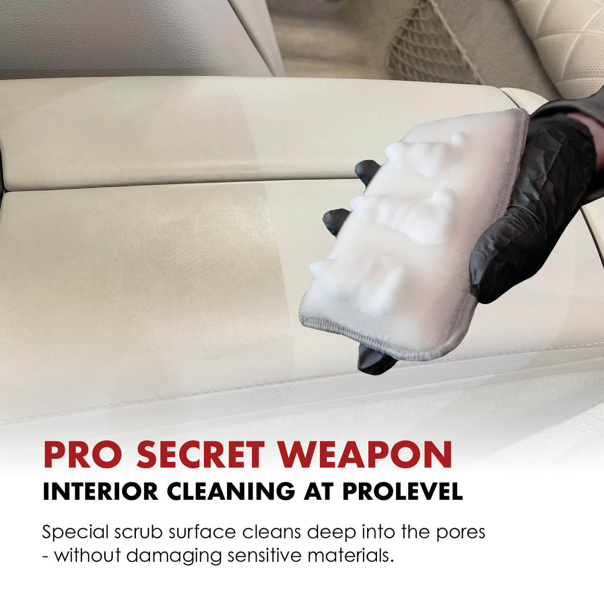 Safe-Shield Scrub Pad cleaning a light-coloured car interior door panel.