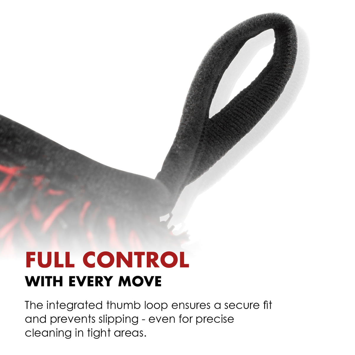 Thumb loop of the Safe-Shield Wheel Mitt for controlled wheel cleaning.